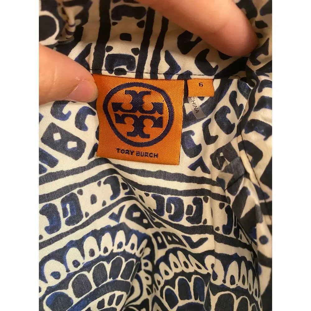 Tory Burch Tunic Shift Dress Mosaic Navy Blue White Tile Work Design Coastal